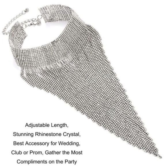 Long SIlver Crystal Rhinestone Adjustable Bib Collar Choker Party Necklace - Picture 4 of 7